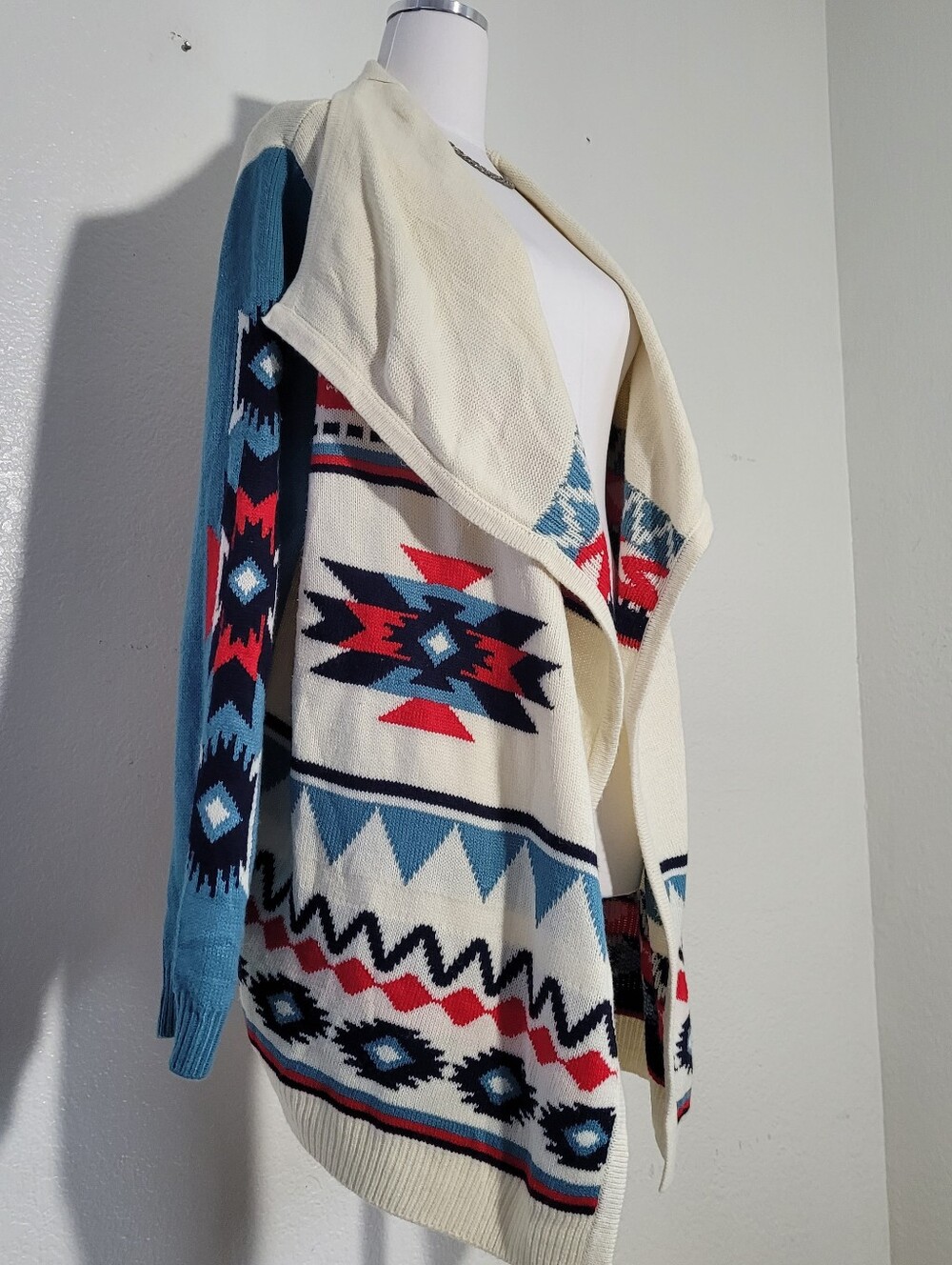 Wrangler Retro Open-Front Aztec Print Cardigan Sweater in Cream Teal Size Large - Picture 3 of 8